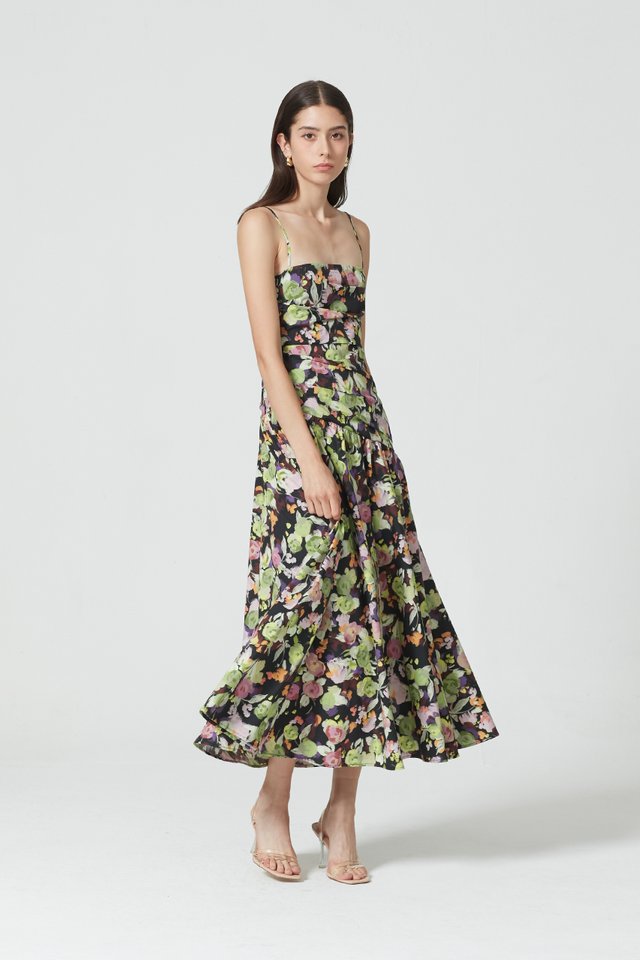 RUCHED MAXI FLORAL DRESS